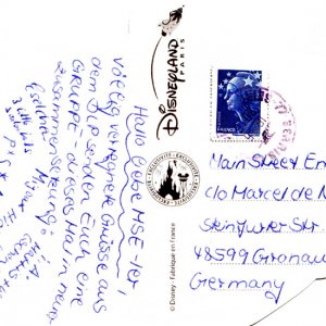 Gruppenpost aus dem Disneyland Paris von Eeyore, Mijoux, Mattis, DreamPluto, P*S*A*, HiddenMickey, 3 little Sailorkids - Rückseite