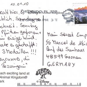 Rückseite der Postkarte von disneyrunner aus WDW - Januar 2010.