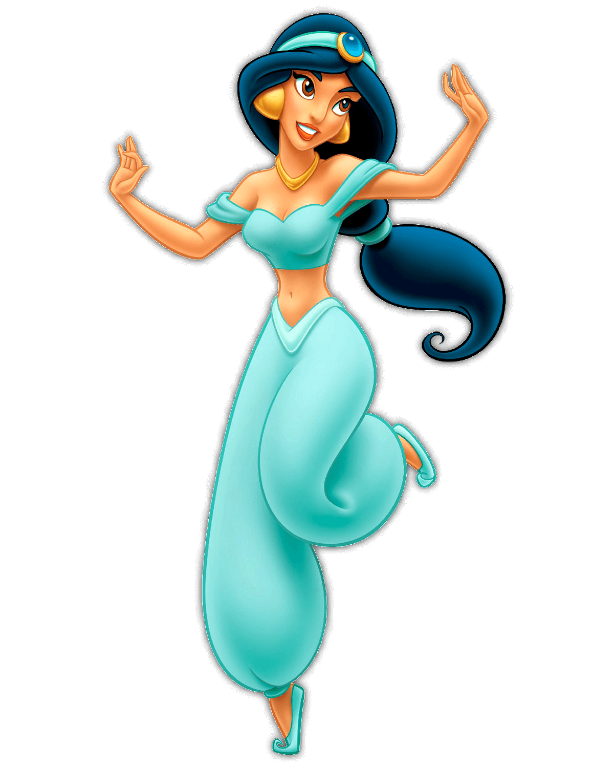 Disney Prinzessin Jasmin aus dem Film Aladdin mit wehenden langen Haaren und einem grün-türkisen Hosenanzug