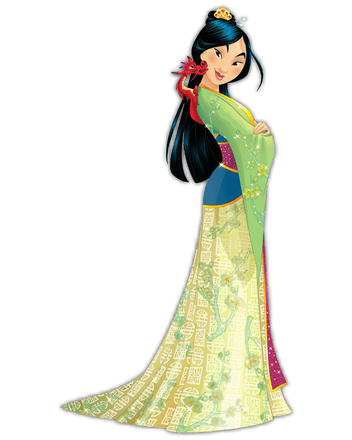 Disney Prinzessin Mulan in einem eleganten, bodelangen Kleid in grün-gelber Farbe und blauen Applikationen