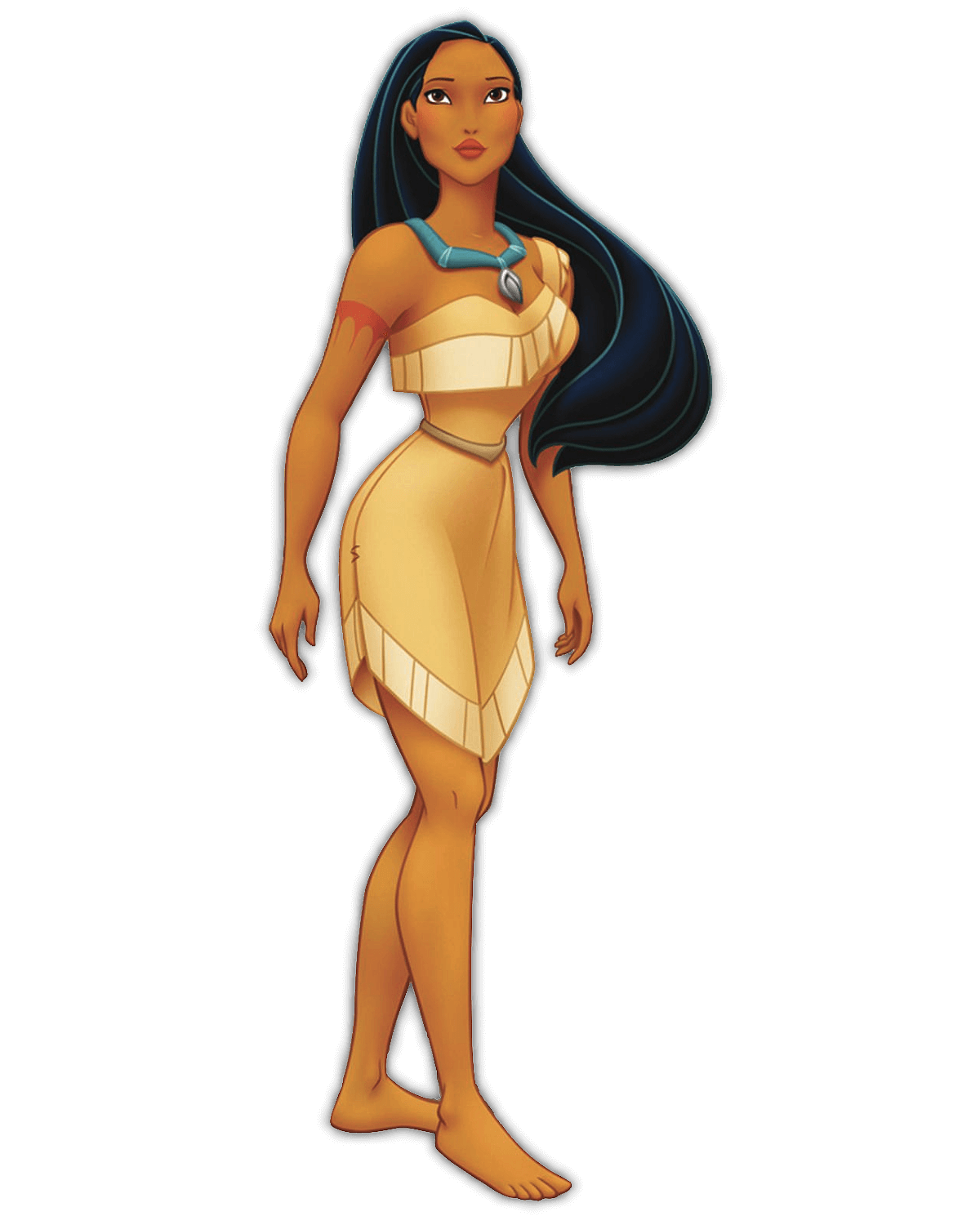 Disney Prinzessin Pocahontas. Sie trägt ihre Stammeskleidung: ein hellbraunes, kurzes Kleid mit Fransen und eine blaue Halskette