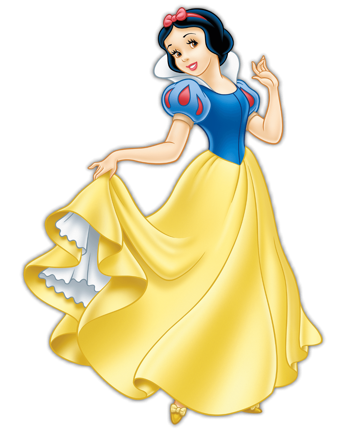 Disney Prinzessin Schneewittchen mit schwarzen Haaren und roter Schleife. Sie trägt ein Kleid mit gelbem Rock und blauer Bluse mit Puffärmeln