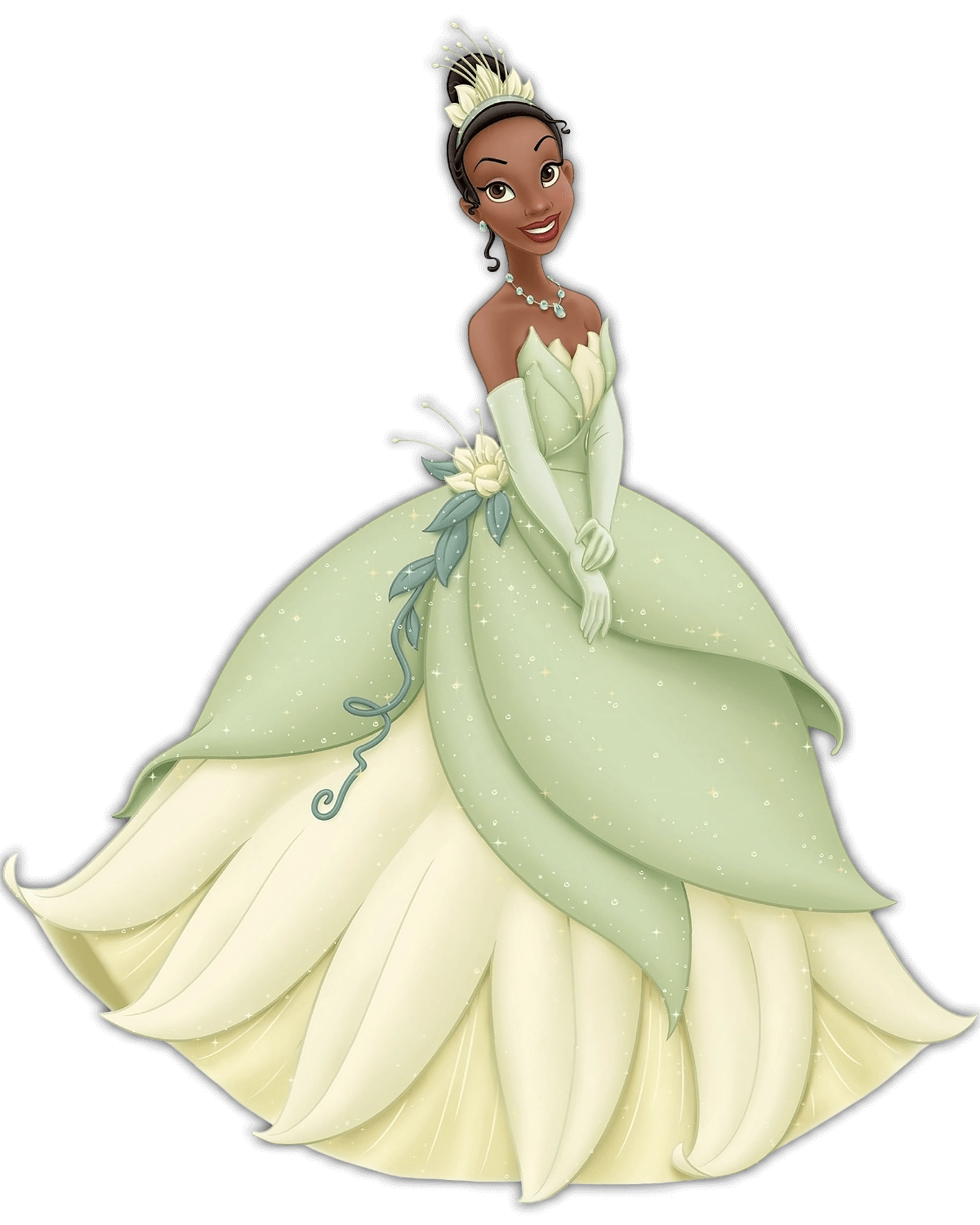 Disney Prinzessin Tiana. Die afroamerikanische Prinzessin hat ihr Haar hochgesteckt. sie trägt ein grünes Kleid, das an eine Seerose erinnert
