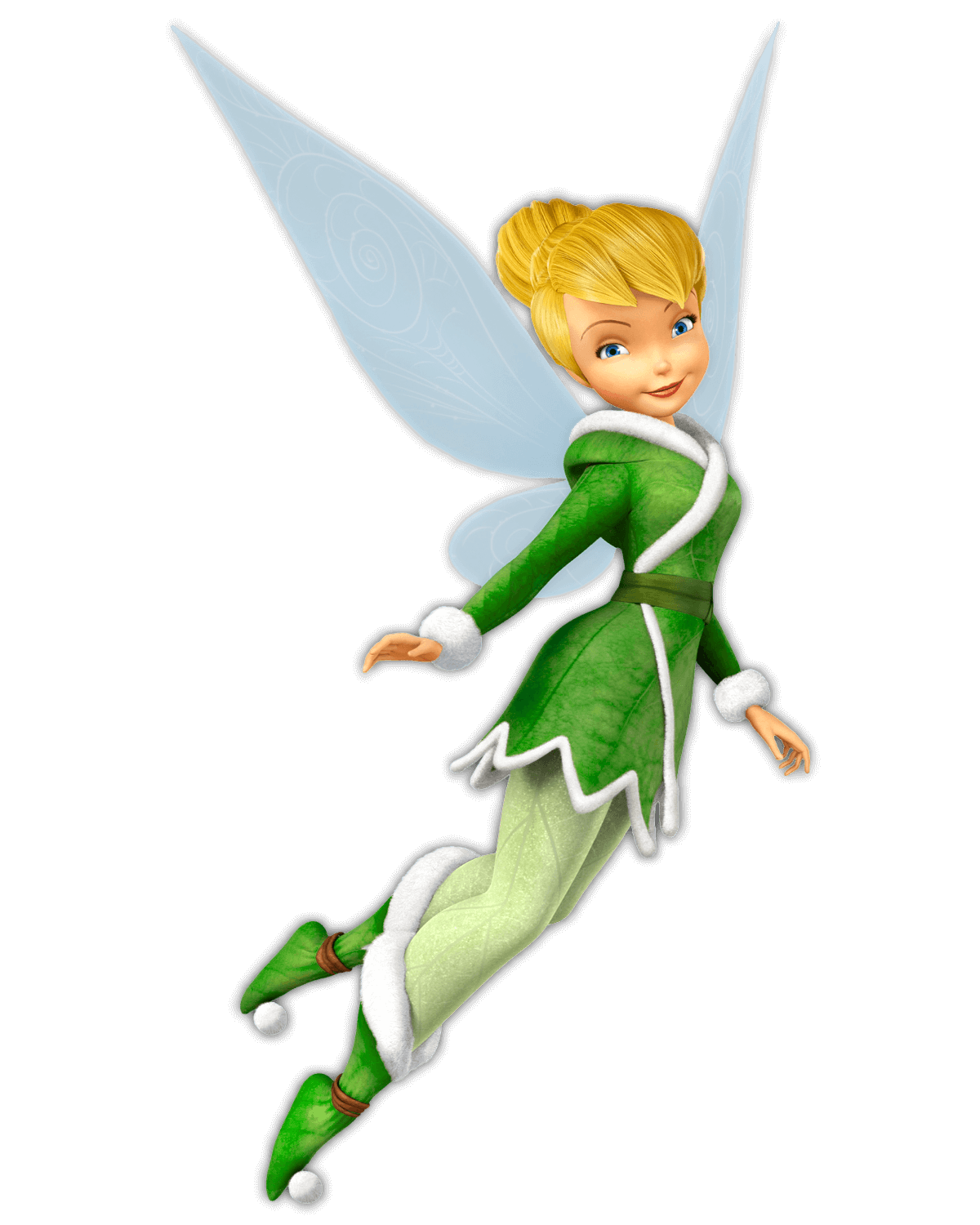 Die Fee Tinker Bell aus dem Film Peter Pan hat Flügel auf dem Rücken. Sie ist vollständig in Grün gkleidet: Jacke, Hose und Schuhe sind in unterschiedlichen Grüntönen gestaltet, auf den Schuhen befinden sich Glöckchen