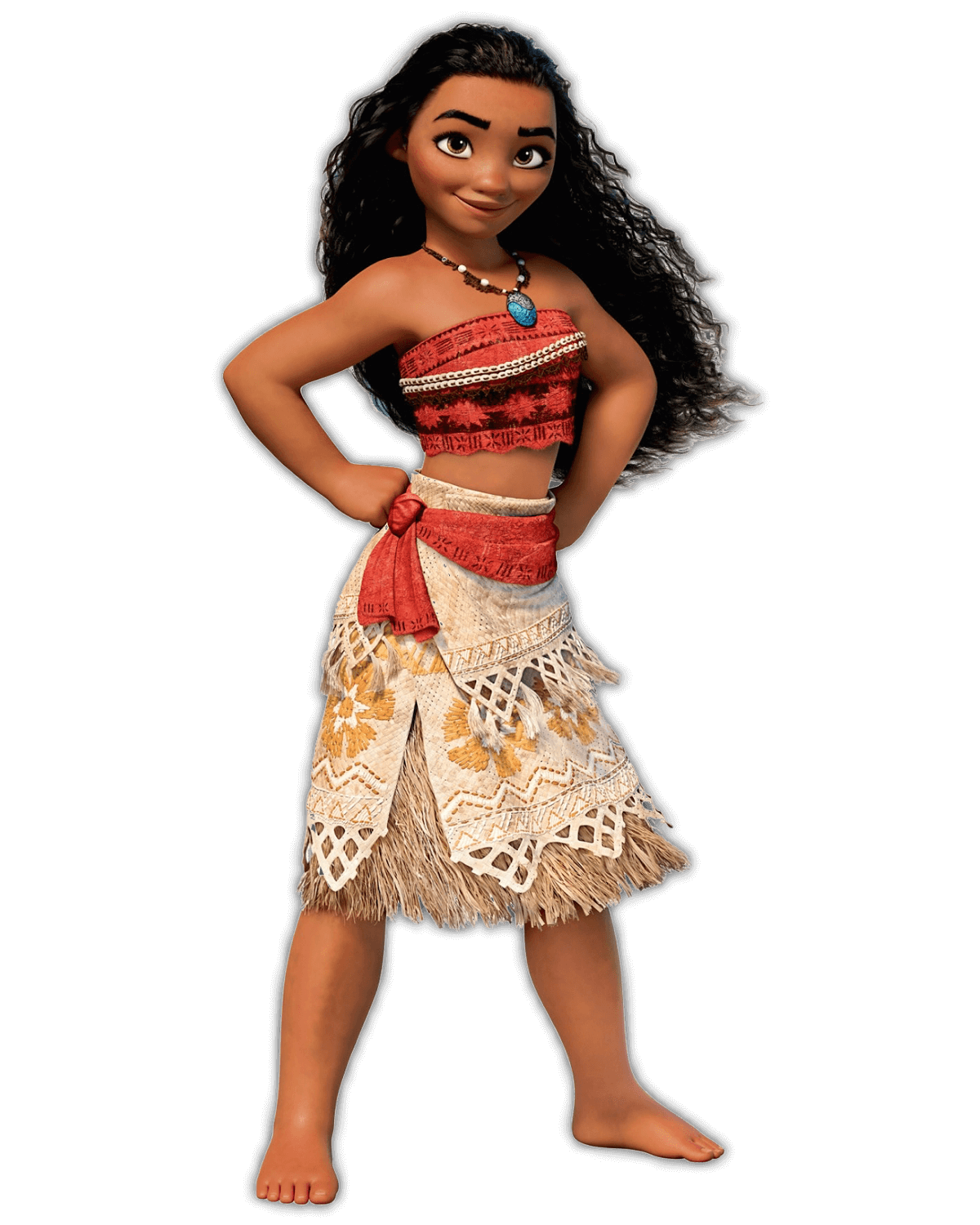 Disney Prinzessin Vaiana hat lange, lockige dunkelbraue Haare. Sie trägt ein rotes, bauchfreies Oberteil und einen beige-braunen Rock
