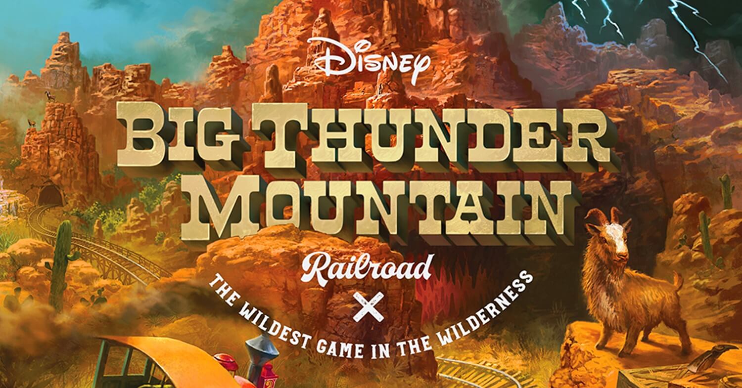 Titelbild des Brettspiels: Big Thunder Mountain Railroad: The Wildest Game in the Wilderness. Dieser Text ist auf ein Gemälde eines roten Felsen gedruckt, auf den ein Minenzug zurast, rechts im Bild steht eine Bergziege auf einem Felsen.